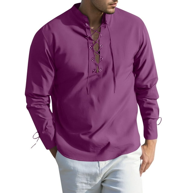 Medieval Style Men's Shirt Long Sleeve Casual Daily Wear Tunic Top With Drawstring Pure Color Soft Stretch Fabric For All Seasons