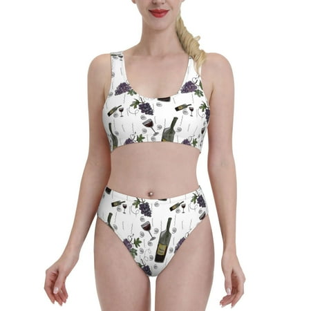 Bixox Wine Bottles And Grapes Pattern Two-Piece Sports Bikini with U-Shaped Top and High-Waist Bottom - Women s Swimwear with Removable Bra Pads