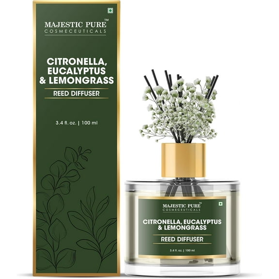 Citronella, Eucalyptus & Lemongrass Reed Diffuser for Home, Bathroom & Office | Natural Aromatherapy Air Freshener with Reed Sticks & Dried Flower 3.4 fl oz