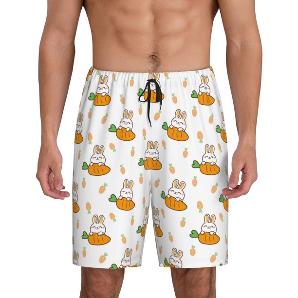 Balery Rabbit And Carrot Pantalones cortos de pijama de punto de algodón para hombre con cinturilla y bolsillos-XX-Large