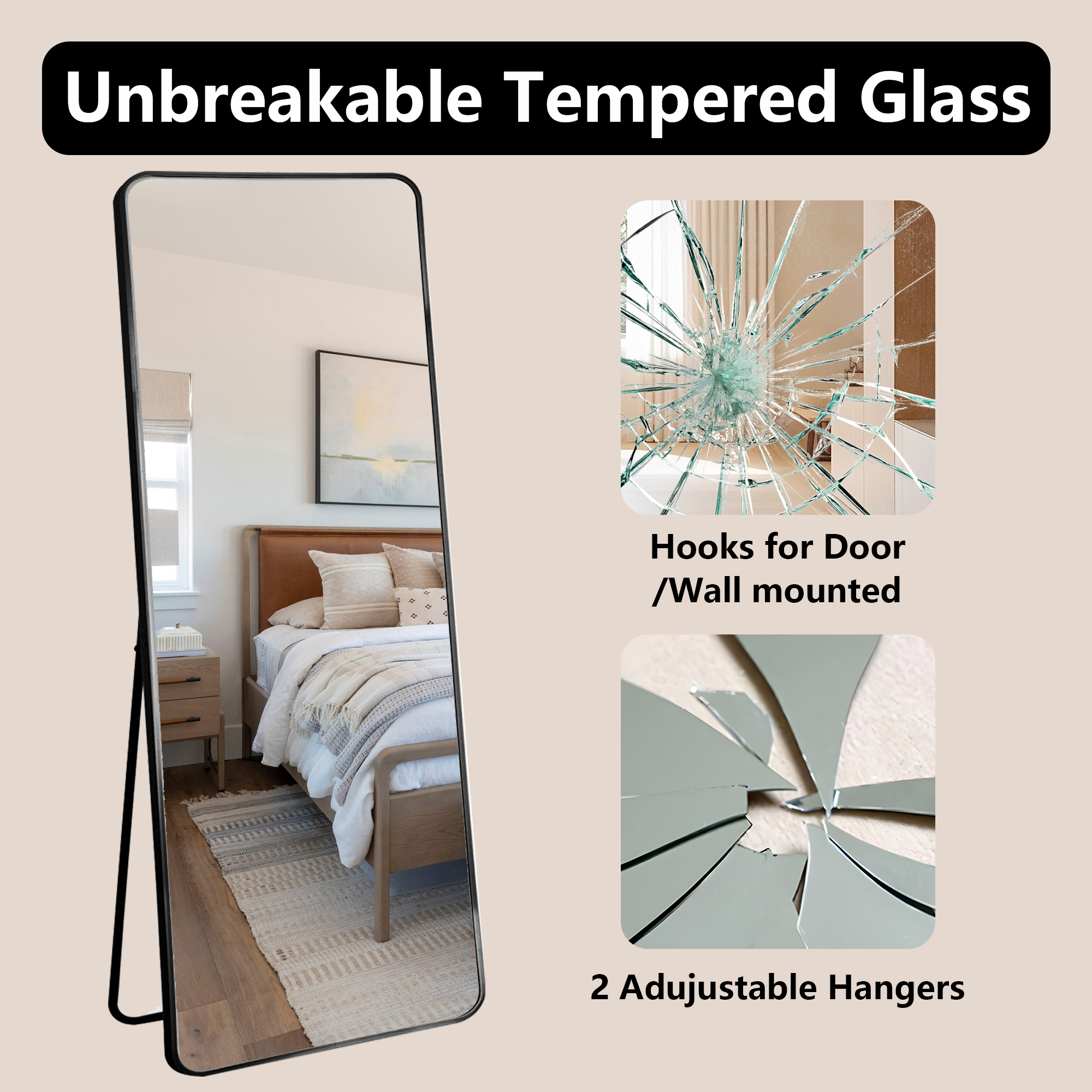 MAYEERTY Black Rounded Corner Full Length Mirror, Wall Mount or Freestanding for Bedroom/Living Room, 71" × 32"