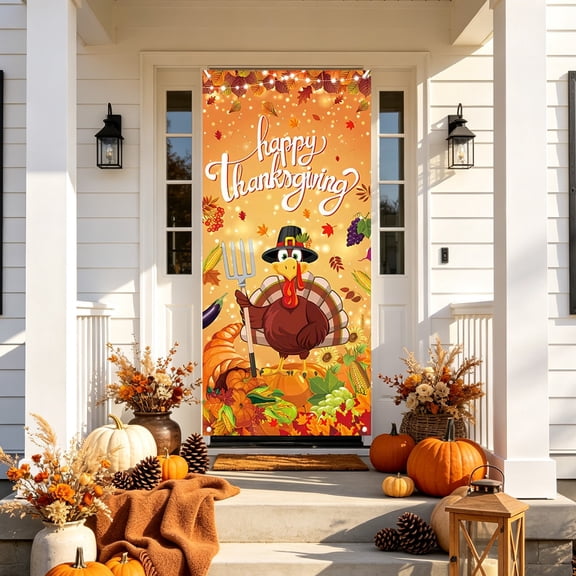 Cheapark 1 Piece Thanksgiving Door Cover Curtain 70.87 x 35.43 Inch, Maple Leaf Pumpkin Pattern Door Decor, Home Entryway Holiday Party Decoration Drape Gift