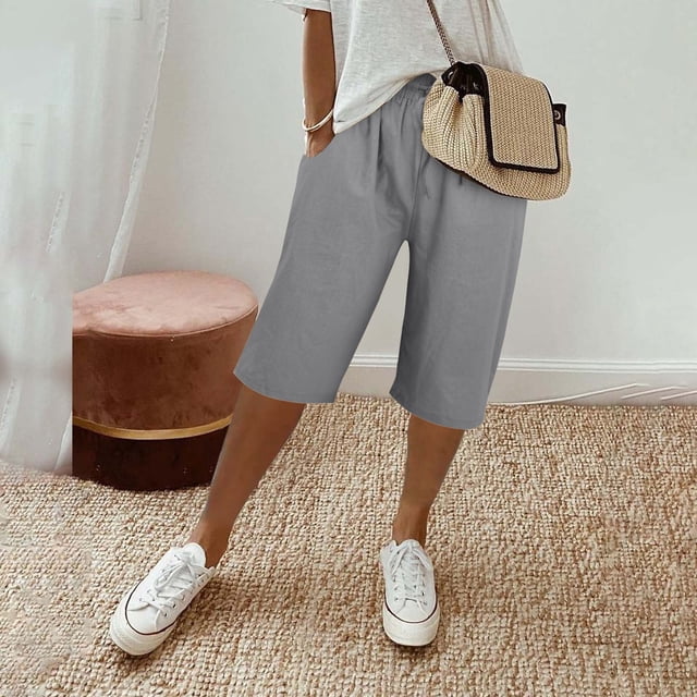 Lroveb Linen Shorts for Women Plus Size High Waisted Bermuda Shorts Womens Knee Length Short Pants Ladies Loose Drawstring Casual Solid Color Shorts Grey