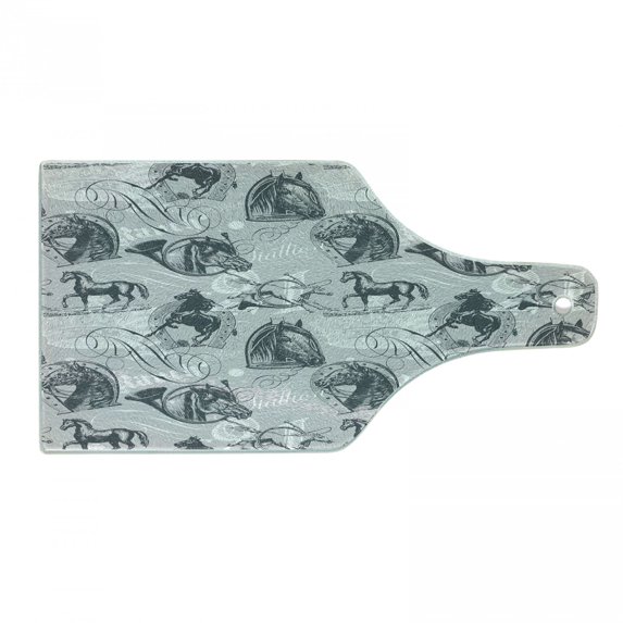 Grey Cutting Board, Different Kind of Nostalgic Gentle Horses on Calligraphic Vintage Styled Background, Tempered Glass Cutting and Serving Board, Wine Bottle Shape, Grey White, by Ambesonne
