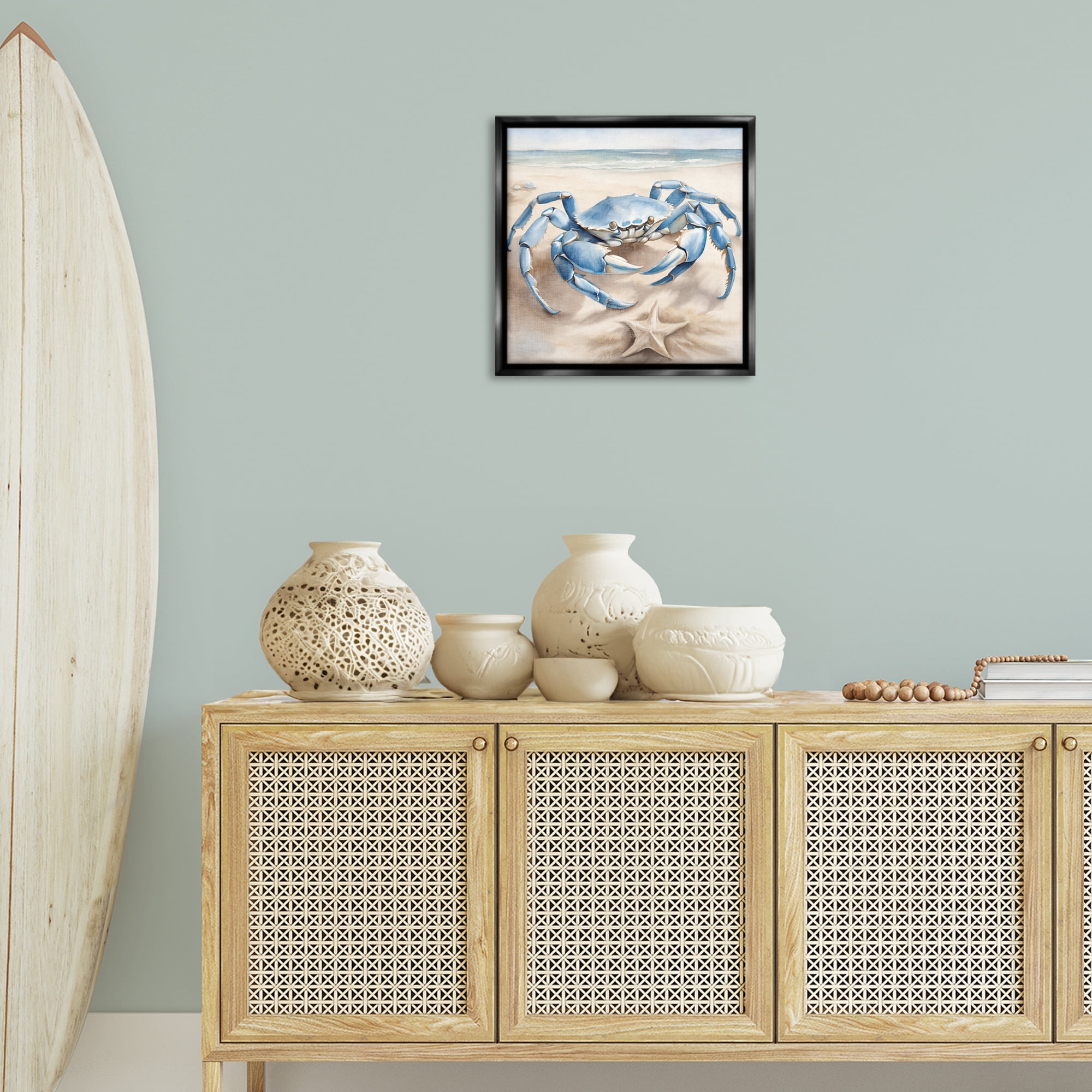 Stupell Industries Crab & Starfish on Beach Animals & Insects Painting Black Floater Framed Canvas Art Print Wall Art, 18 x 18