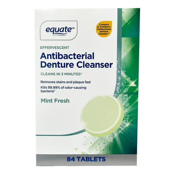 Equate Effervescent Antibacterial Denture Cleanser Tablets, Mint Fresh, 84 Count, Compare to Polident® Antibacterial Denture Cleanser