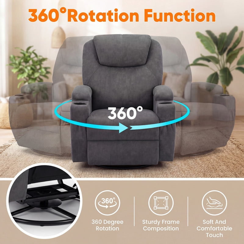 Vineego Massage Swivel Rocker Recliner with PU Leather Fabric Small Spaces Lounge Chair with Two Cup Holder for Bed Room,Linen Gray