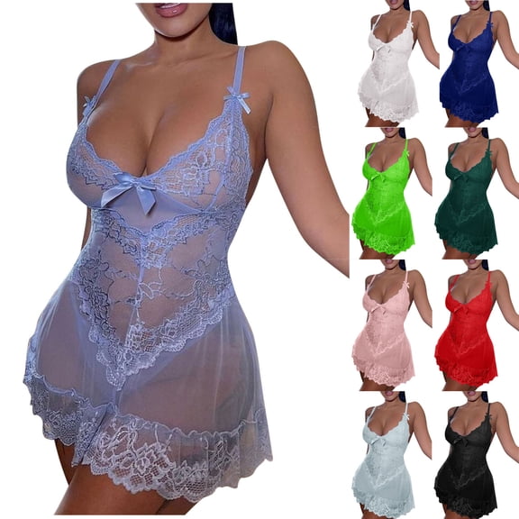 YHAJDS Women Plus Size Nightgowns Solid Color V Neck Lace Mesh Embroidered Adjustable Strap Cami Sleep Dress With Panty
