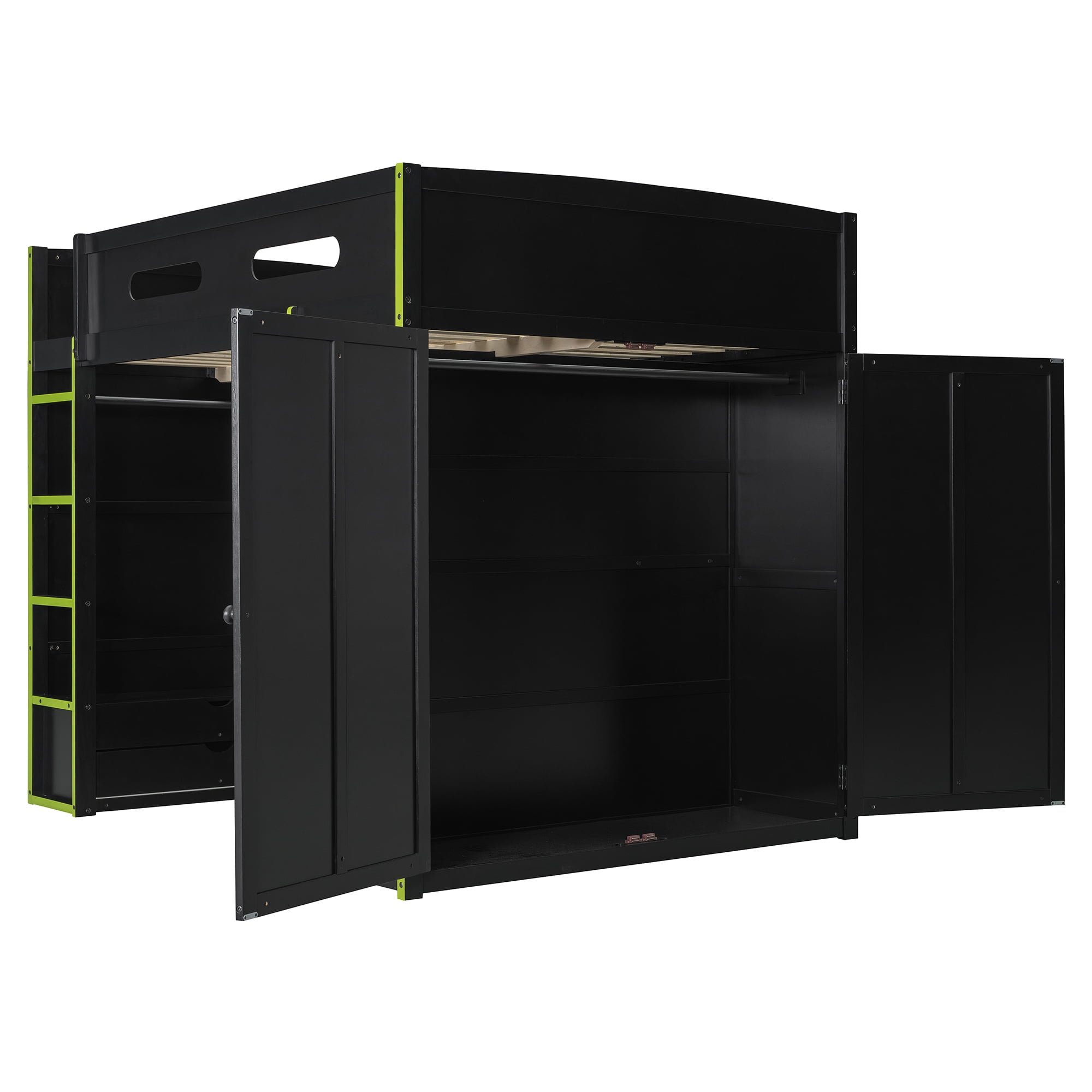Aukfa Full Size Gaming Loft Bed, Esports Bed Frame with Desk, Wardrobe, RGB LED Lights & Charging Station, Shelves, Green