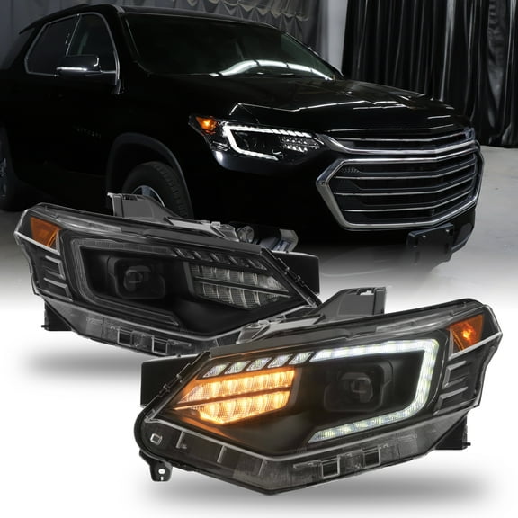 AKKON - Fits 2018-2021 Chevy Traverse [HID/Xenon Type] Projector Matte Black Headlights Pair w/LED DRL   Sequential Signal