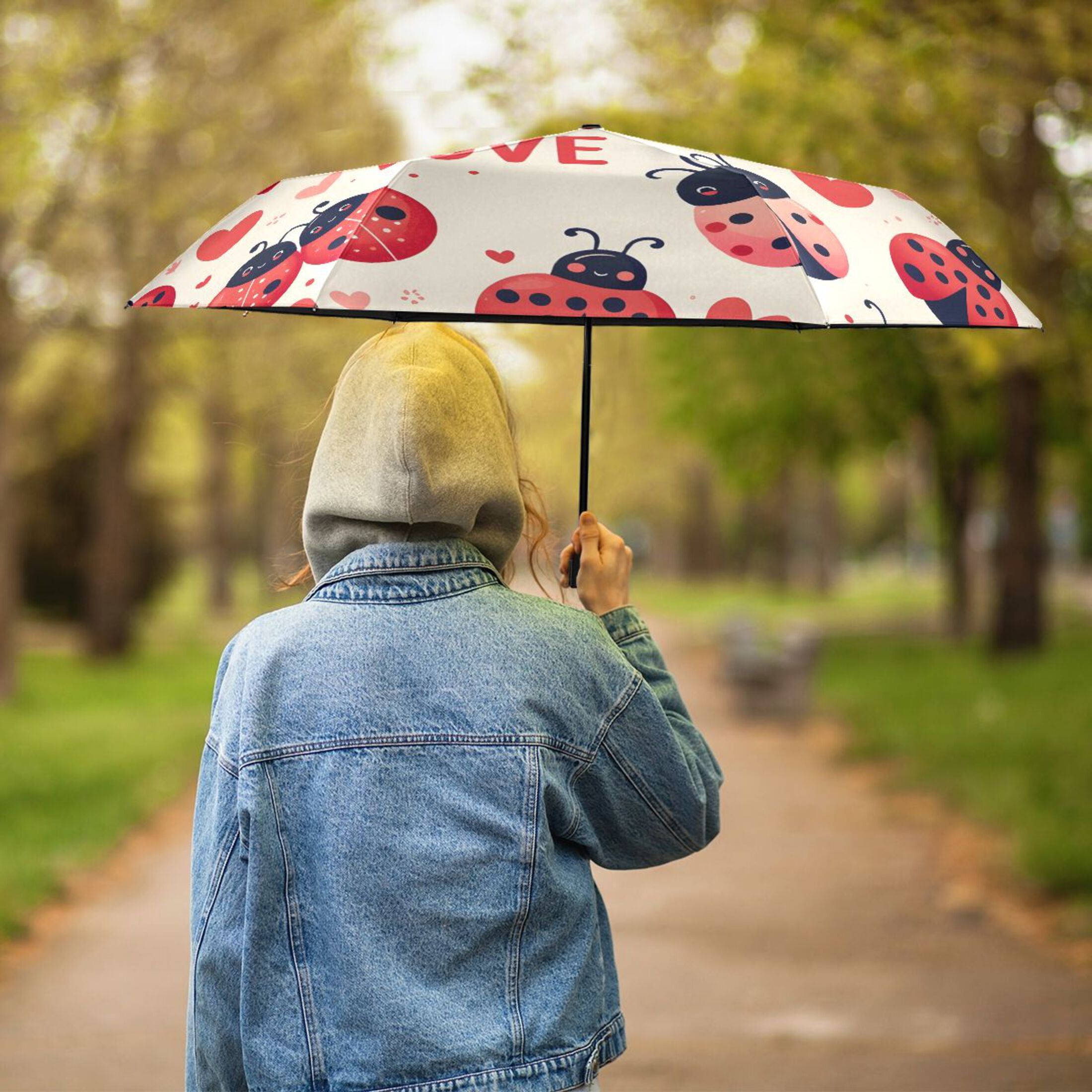 Ladybugs Heart Love Compact Sun Umbrella Windproof Travel Umbrellas for Rain Strong Portable UV Protection