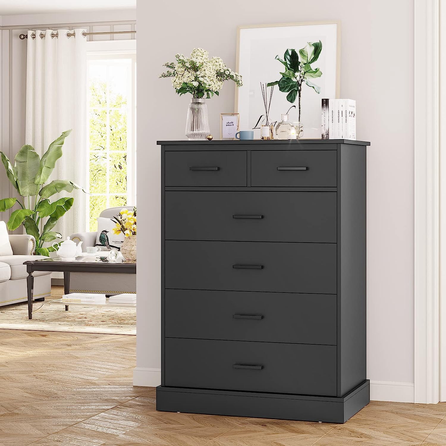 Aunfebrco 6 Drawer Dresser for Bedroom Tall Dresser & Chest of 6 Drawers with Metal Handles, Wood Storage Cabinet Clothes Organizer for Living Room, Black