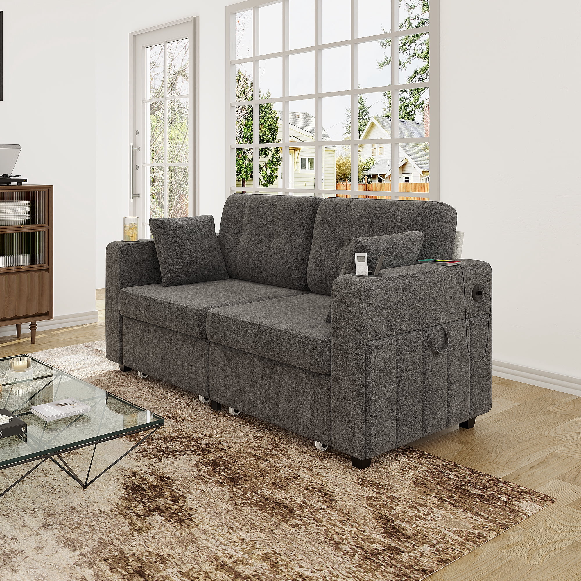 68" Chenille Two Seater Couch, Living Room Loveseat with Usb Charging, Upholstered Loveseat with Storage for Living Room, Gray