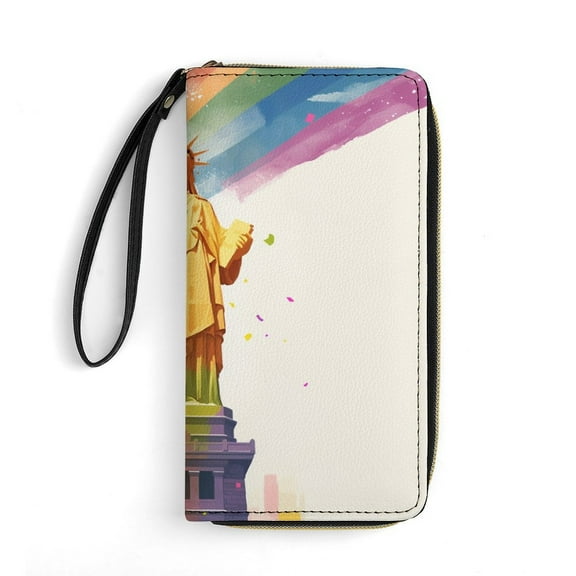 Womens Wallet Bifold Ladies Cluth Bag Wristlet Wrist Strap Long Purse Statue of Liberty Pride Design