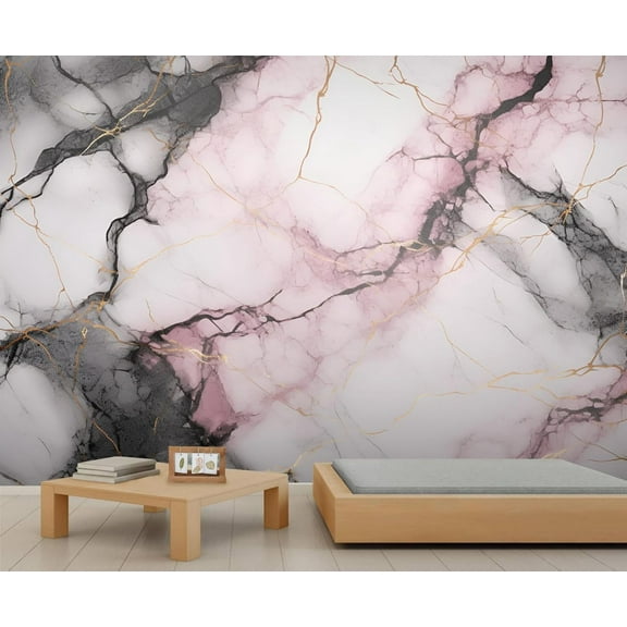 Modern Color Marble Texture Wall Mural, Abstract Golden Cracks Photo Large Removable Wallpaper Mural Wall Decor For Bedroom Office Living Room Kids Room 55"W x 28"H (Not Peel and Stick)