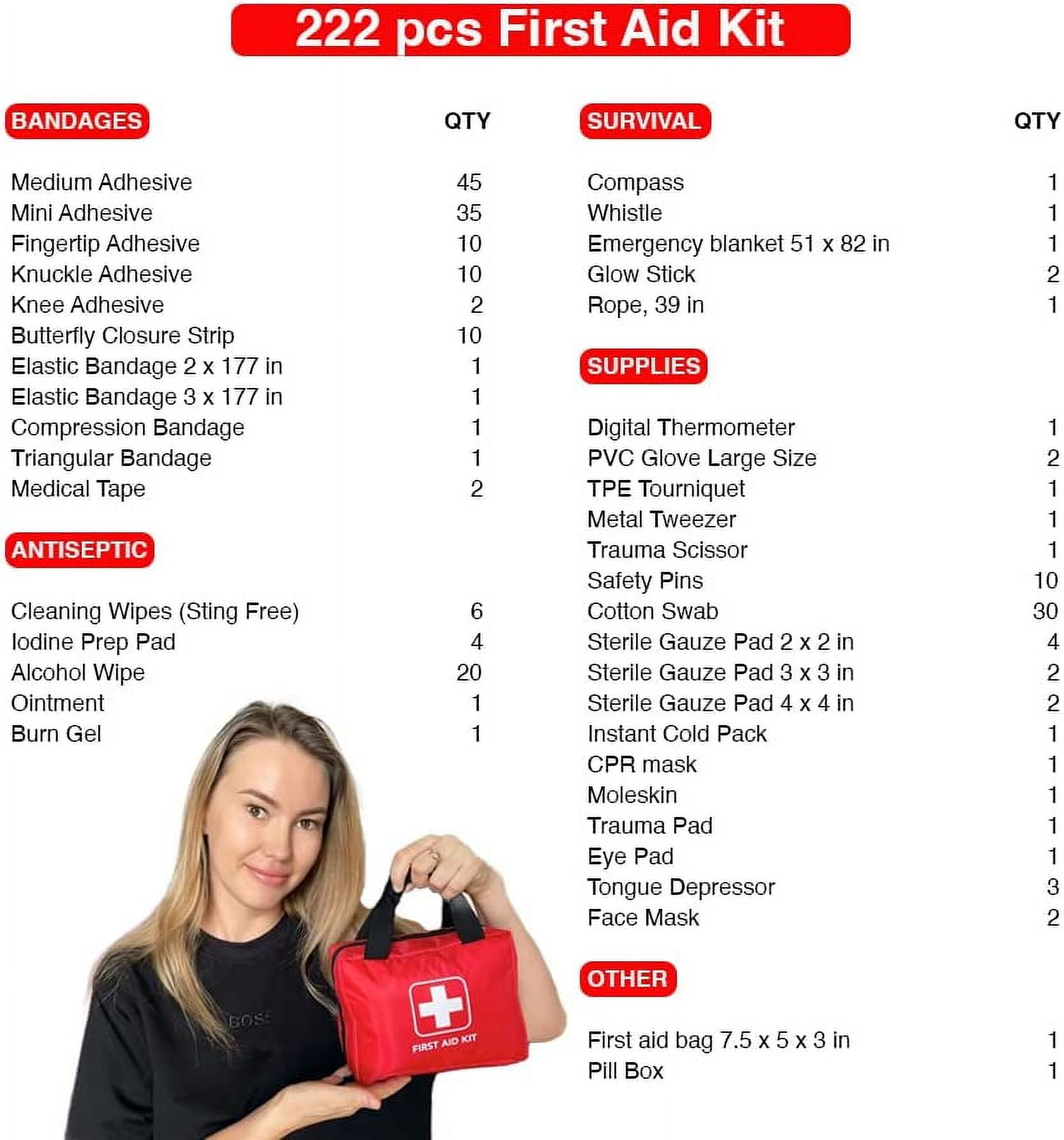 Small First Aid Kit | 220 PCS Essential Emergency Trauma Medical Supplies | Packed in a Red Waterproof Box | Perfect for Car Home Office Travel Outdoor Camping Hiking Mini First Aid Set