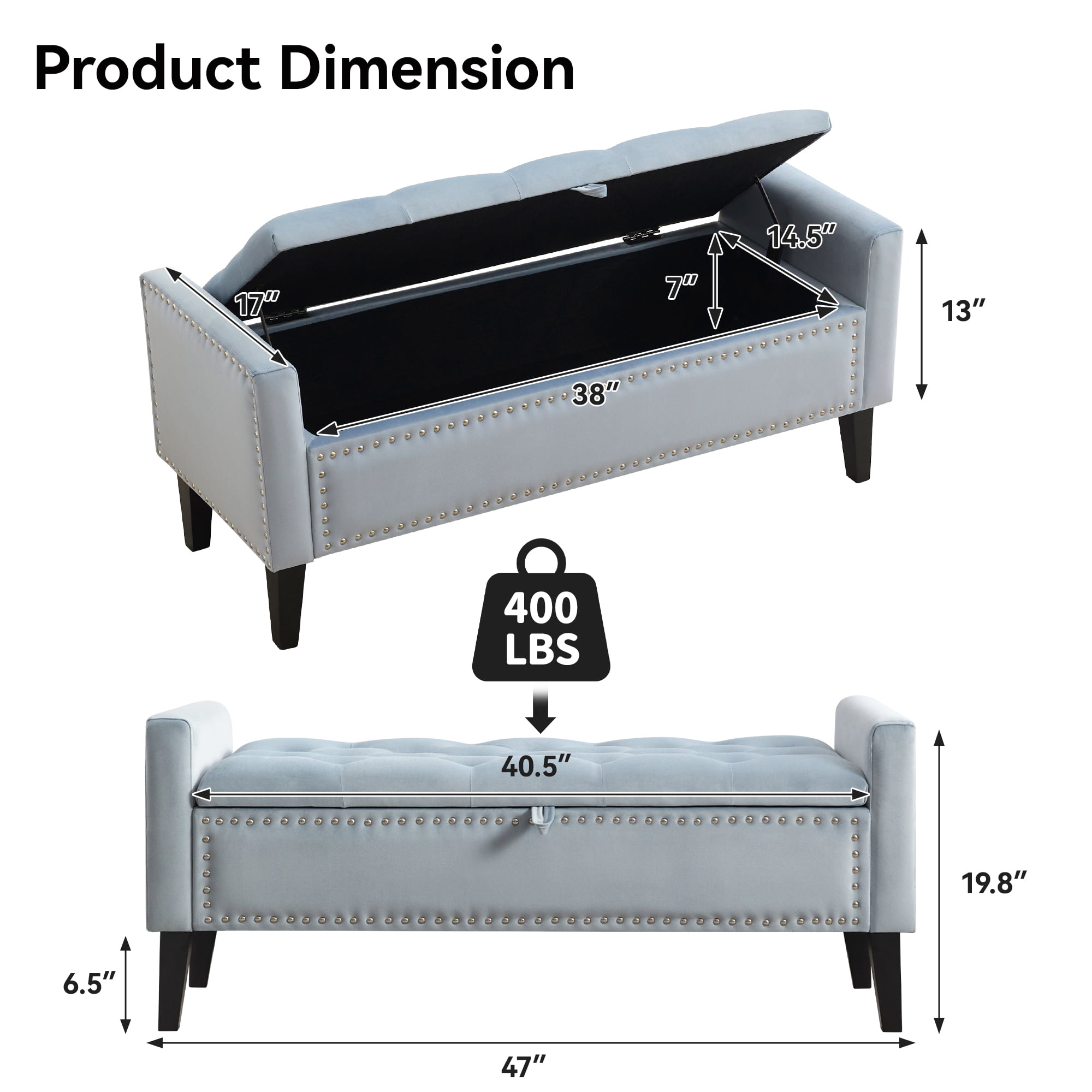 Velvet Storage Bench, Upholstered Bed Bench with Storage, End of Bed Ottoman with Wooden Legs,Bedside Storage Bench for Bedroom, Living Room, or Entryway, Blue Grey