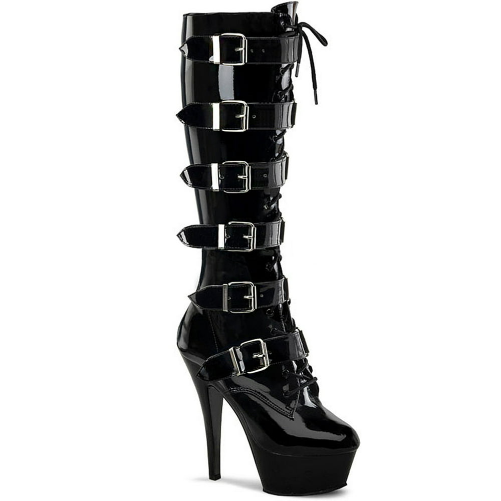 Pleaser Womens Black Patent Boots Goth Lace Up Buckle Strap Boot Knee High 6 Inch Heels