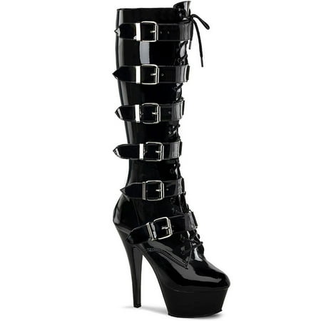 Womens Black Patent Boots Goth Lace Up Buckle Strap Boot Knee High 6 Inch Heels