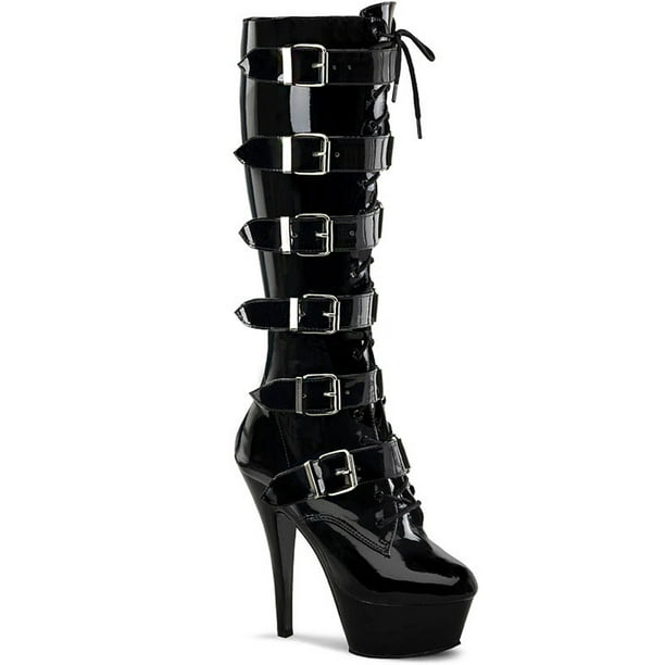 Pleaser - Womens Black Patent Boots Goth Lace Up Buckle Strap Boot Knee ...