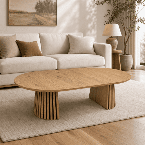 Modern Oval Extendable Wood Coffee Table, Slatted Legs, Multi-Functional Center Table for Living Room or Office, 31.5"–55.12" L, Nature