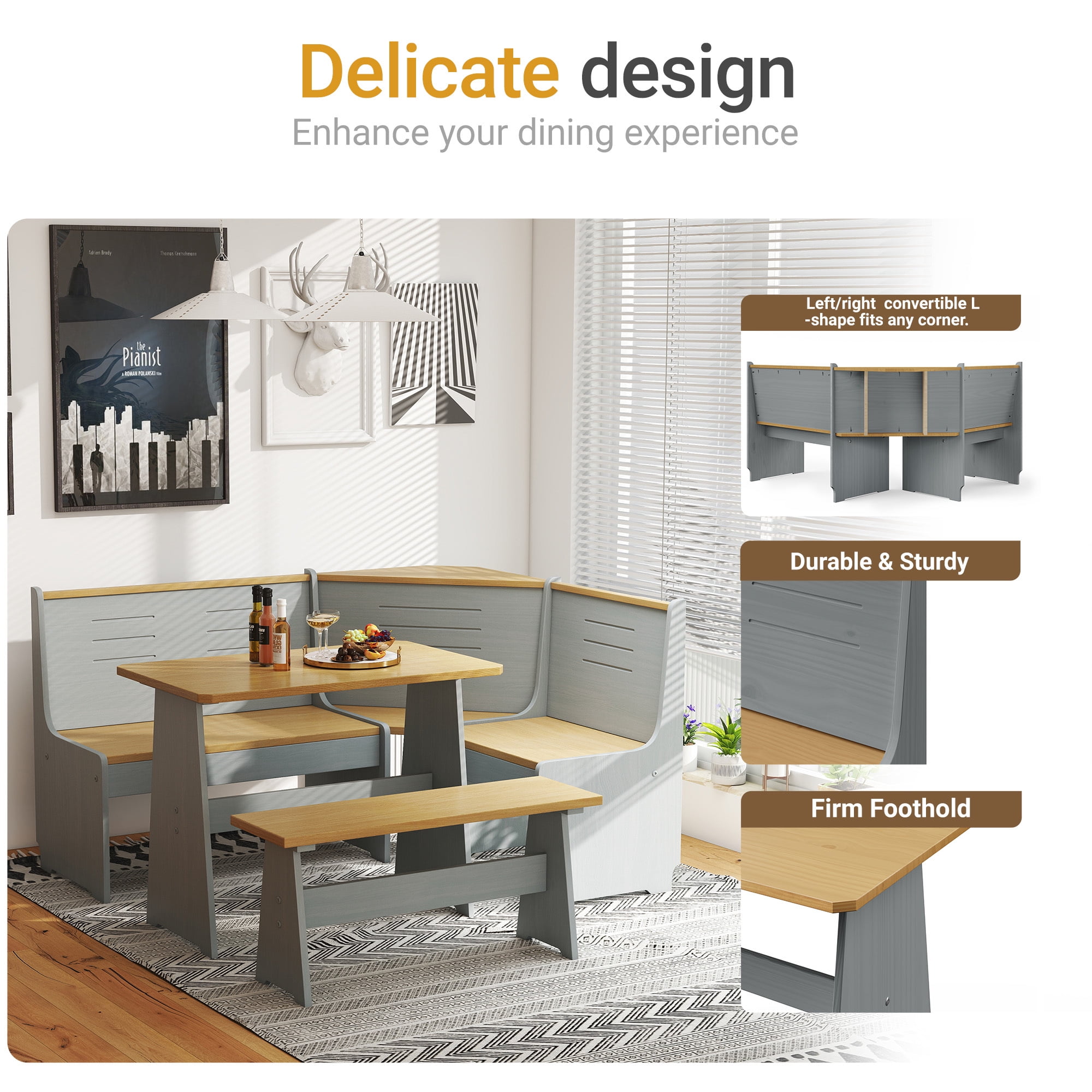 Koby Home Breakfast Nook Table Set, Corner Dining Table with L-Shape Bench Chairs, Farmhouse Kitchen Dining Nook Grey Wood