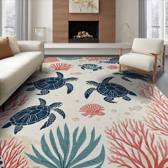 ODIKA 8'x10' Washable Area Rug Theme Turtle Door Nautical Coral Scatter Striped Border Reef for Living Room, Under Sectional, Family , Durable, Non-Slip