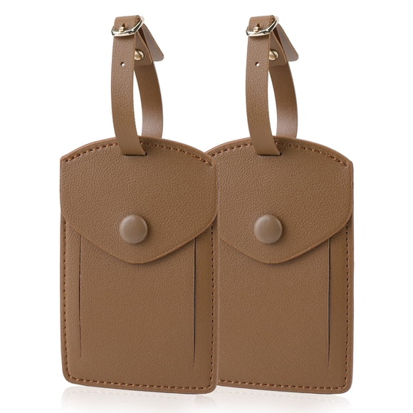 Kevancho Leather Smart Luggage Tags for Men Women, Suitcase Labels Baggage Tote Bag Tag ID Tags with Full Back Privacy Cover for Carnival Cruise Ships, Travel Accessories Tags Set of 2 PCS (Tan)