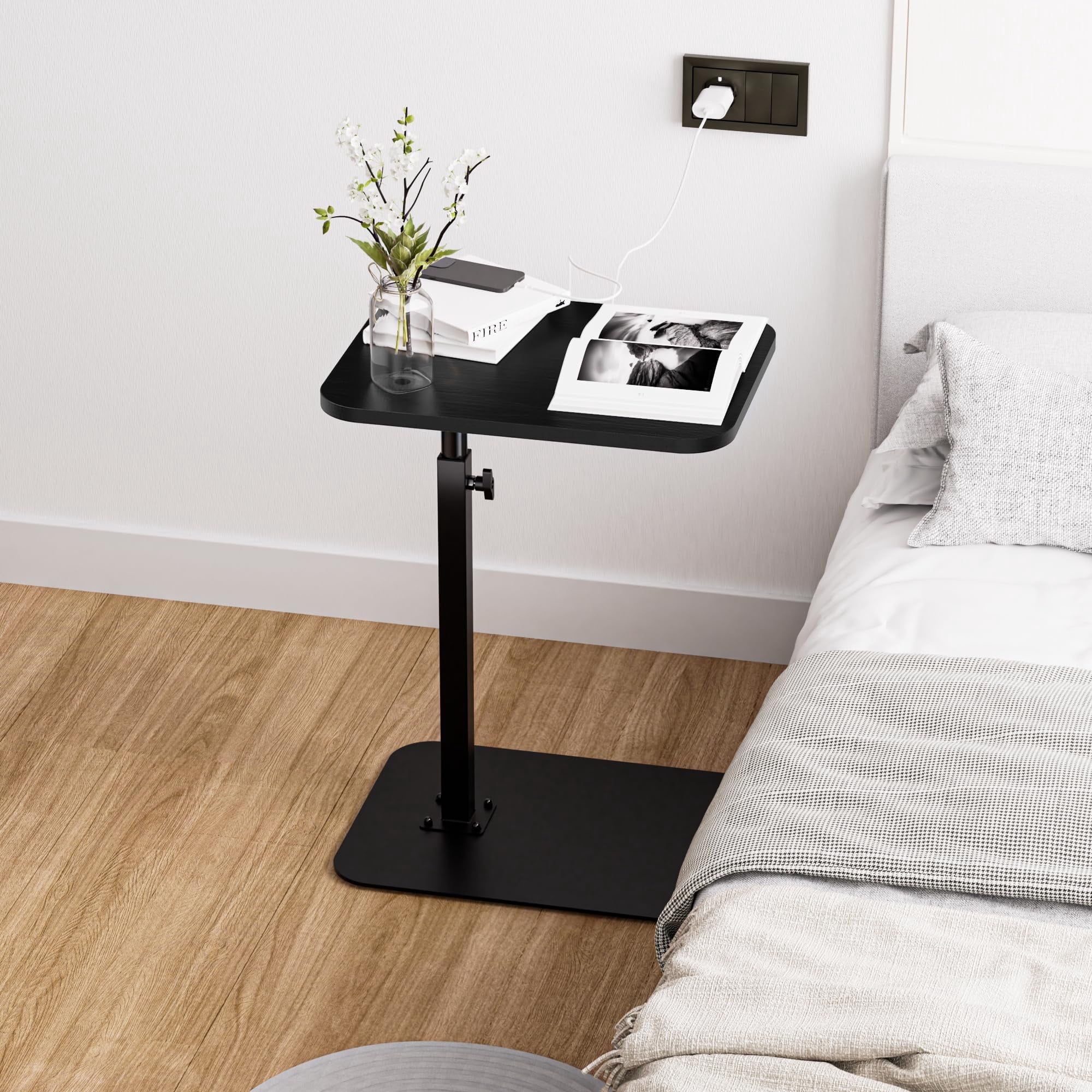 Sofa Armrest Tray Table for Couch,Side Tv Tray Table, Bamboo Table, Bed Table Adjustable Height Tray Table for Bed Chair or Sofa, Includes Tablet Phone Slot,Black