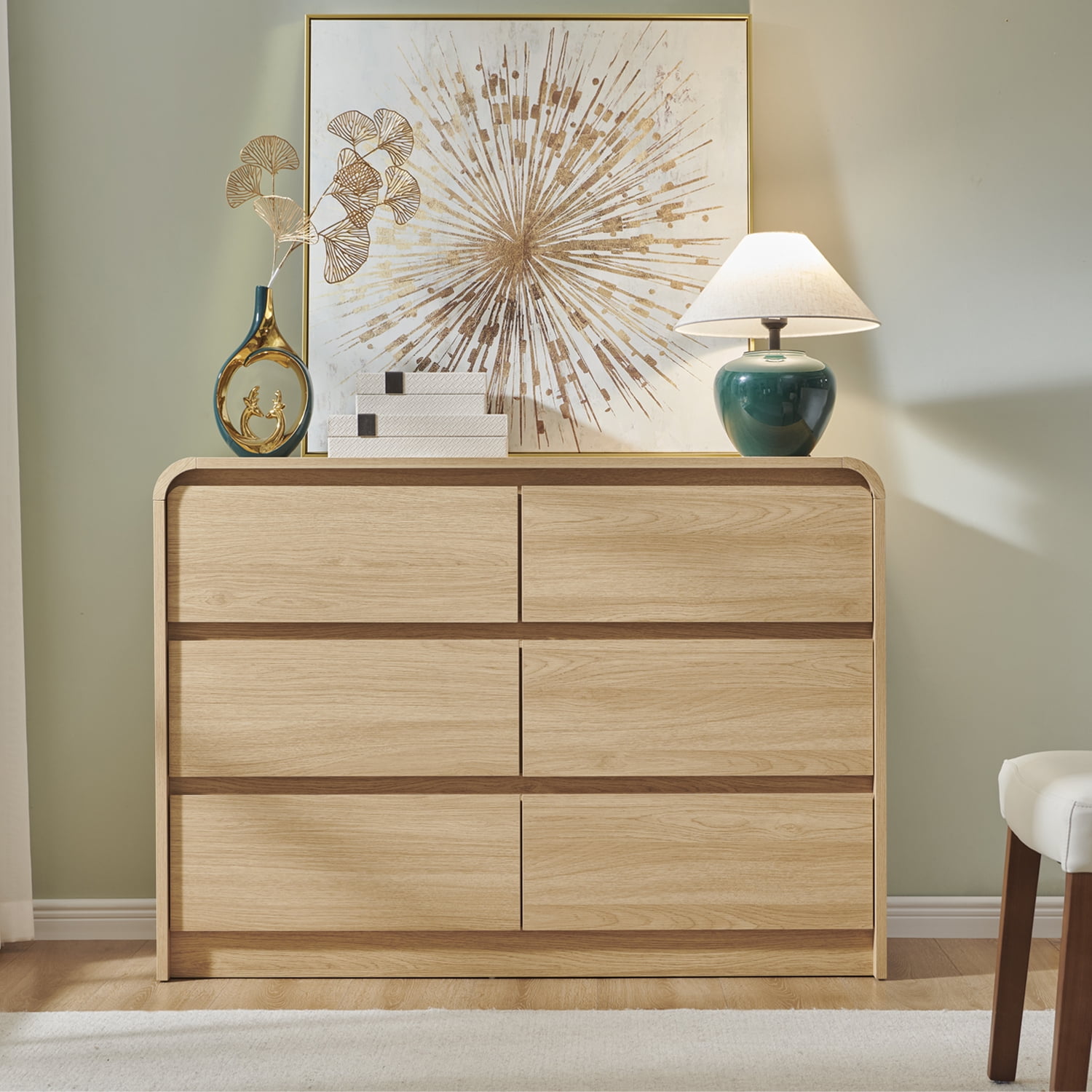 wow97e Modern 6 Drawers Dresser for Bedroom, 47" Wide Wood Chest of Drawers w/Curved Profile Design, for Bedroom, Living Room, Natural Oak