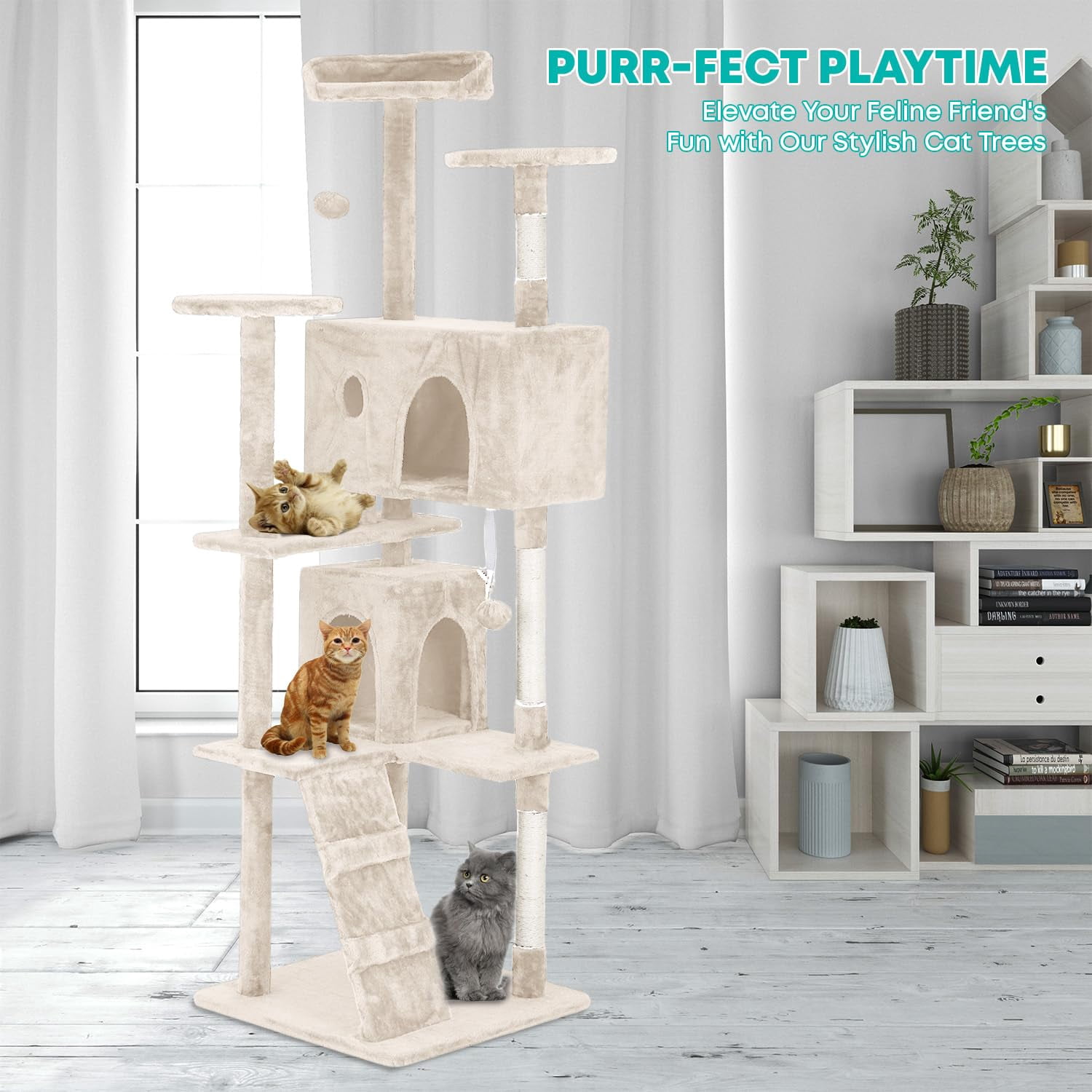 Large Multi-Level Cat Tree, 70 Inches Tall with Sisal-Covered Scratching Posts, Condo, Dangling Ball, and Extended Platform for Cats to Play and Sleep, Ashy