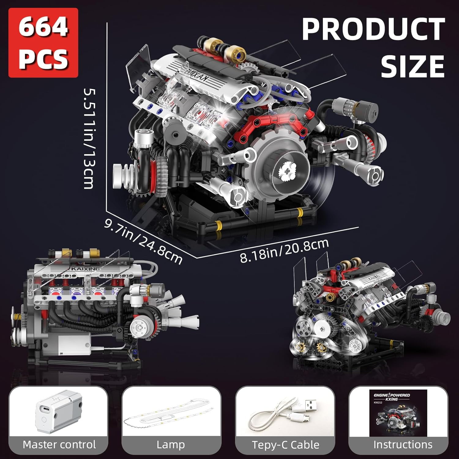 GZBricker V8 Engine Building Sets With Motor LED Light APP Control Compatible with Lego Technical Car Part Electrically Driven Model for Adults Boys 14+ 662PCS