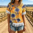 thumbnail image 3 of JTZGDY Vintage Fringed Patchwork Shirts for Women Trendy Summer Short Sleeve Boho Floral Printed Crew Neck Graphic T-Shirts Lightweight Cozy Tassles Tunic Blouse Loose Fit Pullover Tops, 3 of 7