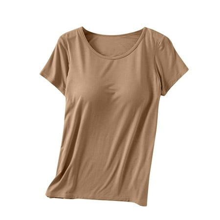 Womens Camisole Tops Plus Size Modal Padded Round Neck Short-Sleeve T-Shirt Blouse Built-in Bra Ladies Loose Plain Tops Soft Pajamas Casual Undershirt Sleepwear