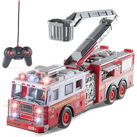 Prextex 14-inch RC Fire Engine Truck with Ladder, Lights, and Sirens - Best Toy Gift for Boys, Kids' Play Vehicles