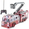 Prextex 14-inch RC Fire Engine Truck with Ladder, Lights, and Sirens - Best Toy Gift for Boys, Kids' Play Vehicles