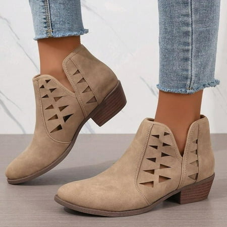 XDDST Large Size Women Casual Shoes Medium Heel Fashion Women Low Ankle Trim Round Toe Ankle Leather Boots Casual and Ladies Shoes Leisure Brown