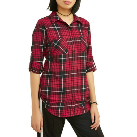 No Boundaries Juniors lace back yoke plaid roll tab sleeve blouse