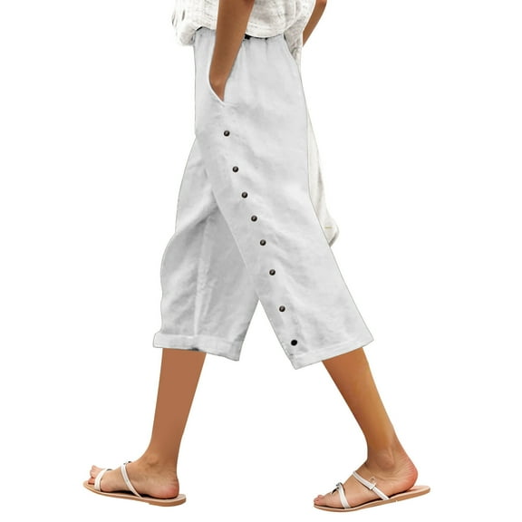 Fiaer,Women's Side Buttons Plus Size Capri Pants,Womens Loose Fit Straight Leg Slacks with Pockets,Ladies Lightweight Solid Breathable Trousers White XL