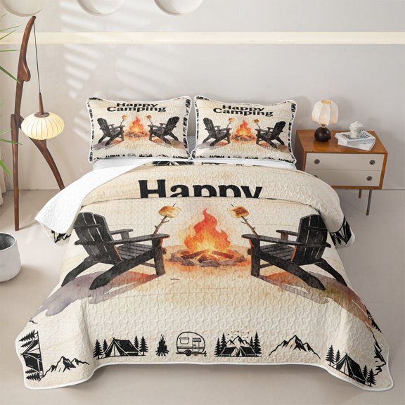 Erosebridal Teens Campfire Barbecue Twin Quilt Set,Happy Camping Twin Coverlet Set for Boys Girls