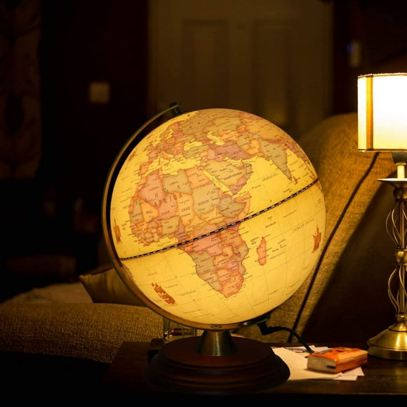 Illuminated World Globe for Kids with Wooden Stand,Built in LED for Illuminated Night View Antique Globe
