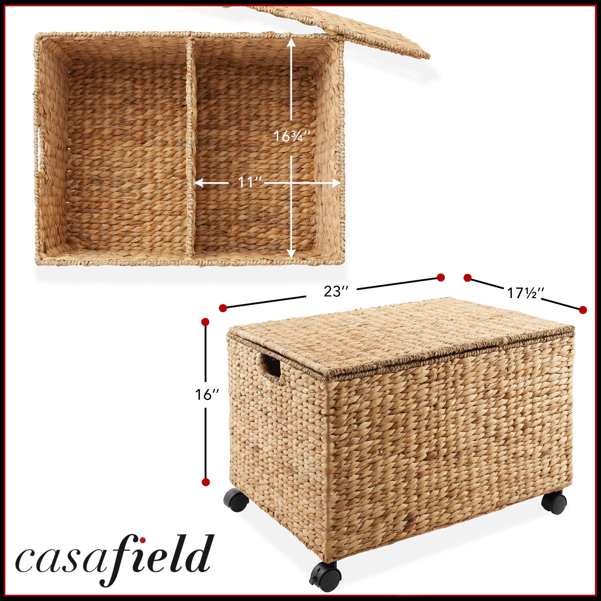 Casafield Rolling Storage Basket Cart with Lid and Wheels, Natural - Woven Water Hyacinth Divided Sorting Bin for Kitchen, Pantry, Laundry, Garage
