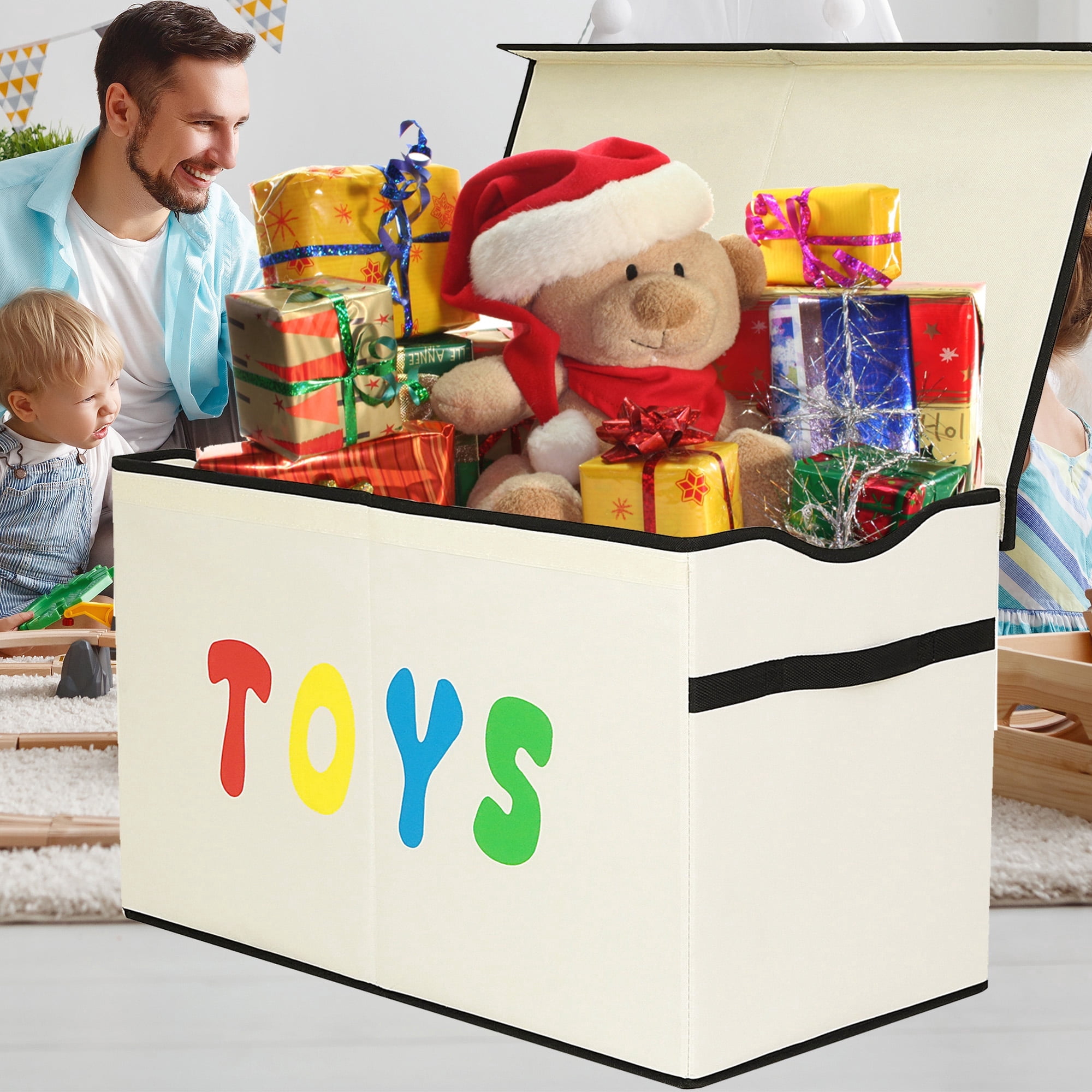 VICTORICH Extra Large Child Collapsible Toy Storage Fabric 32 gal Kids Room Toy Chest with Lid, Beige