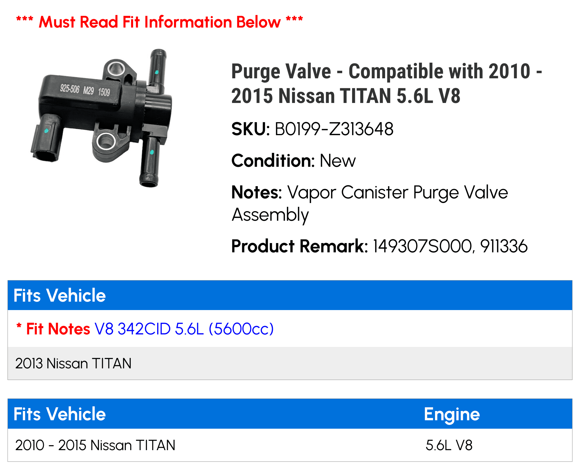 Purge Valve - Compatible with 2010 - 2015 Nissan TITAN 5.6L V8 - Replacement