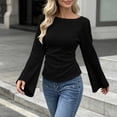 thumbnail image 4 of Zpanxa Womens Casual Boat Neck Flare Long Sleeve Blouse Fitted Solid Top Side Pleat Pullover for Daily Outfits, 4 of 5