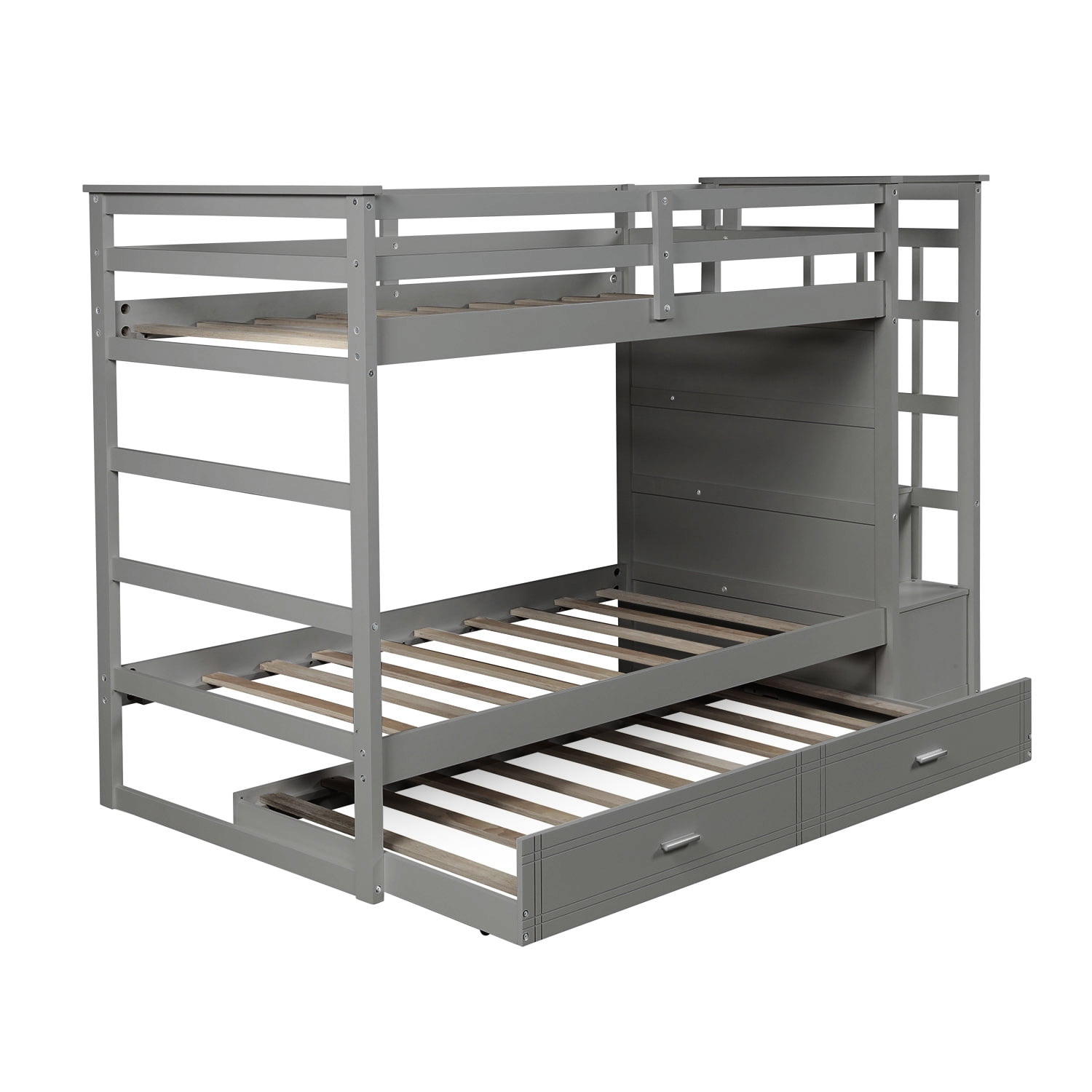 Kepooman Twin Over Twin Solid Wood Bunk Bed with Trundle & Staircase & Drawers for Bedroom, Gray Kepooman Twin Over Twin Solid Wood Bunk Bed with Trundle & Staircase & Drawers for Bedroom, Gray