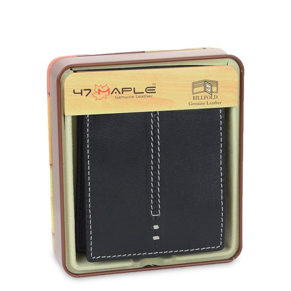 47 Maple Men's Center Stitch Genine Black Leather Bifold Wallet w/Center Flip in Tin Box