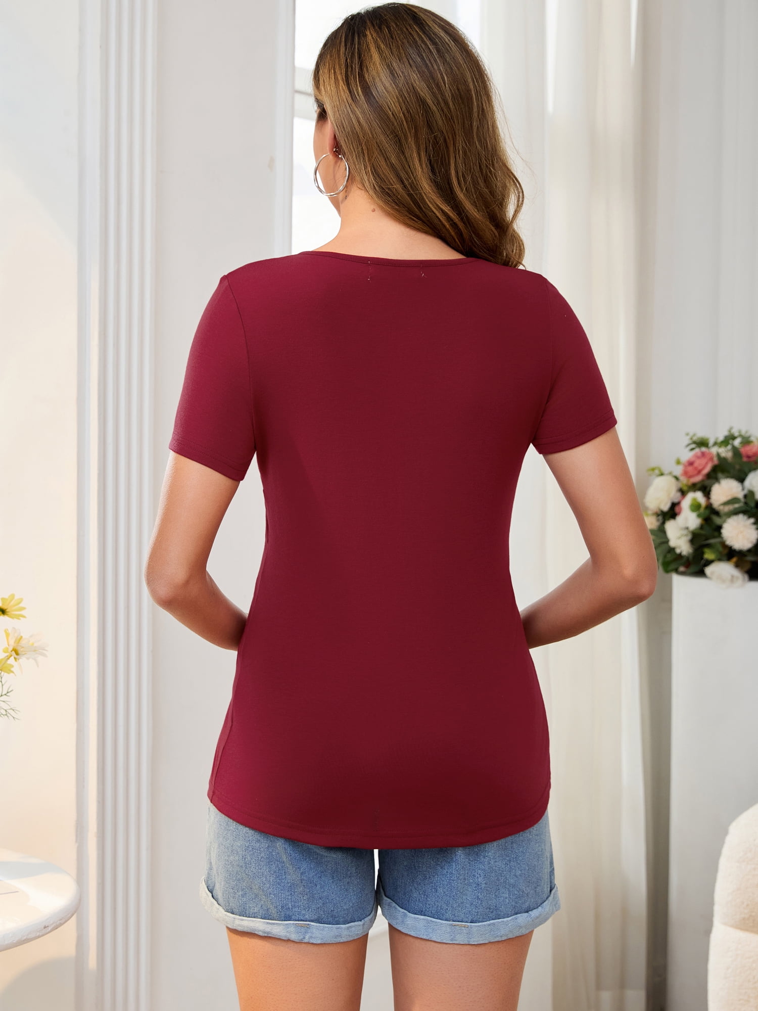 DARING DIVA Women's Short Sleeve Crew Neck Wrinkle Design Maternity Blouses M Red