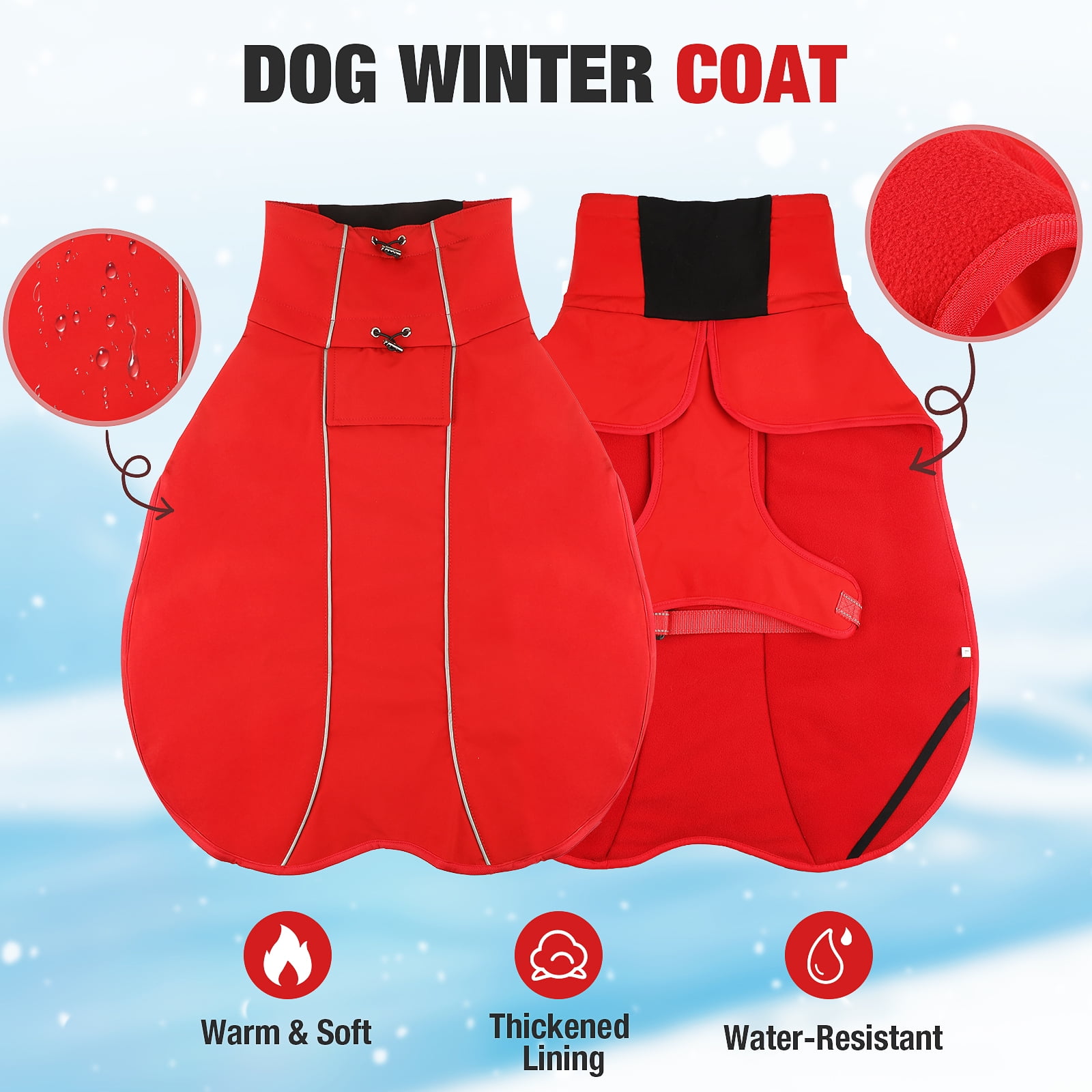 MASBRILL Dog Winter Coat , Waterproof Turtleneck Fleece Jacket with Harnsss for Small to Large Dogs, Warm Reflective Christmas Gift Dog Vest Pet Apparel, Red