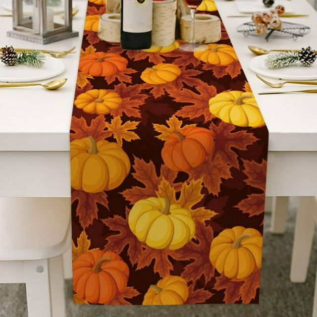 Chemin de Table d'Automne 70 Pouces de Long Orange Citrouille Érable Coton Lin Foulards de Commode Chemin de Table pour Cuisine Café/salle à Manger/canapé/table d'Appoint Chambre Maison Salon Foulards Déco pour Fête Di